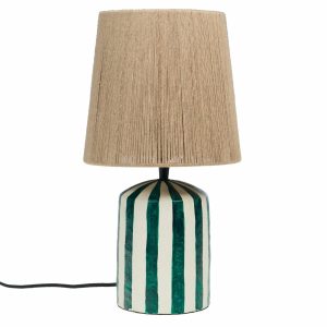Lampe PABLO Verte en Papier Mâché – Pied Rayé et Abat-jour en Jute