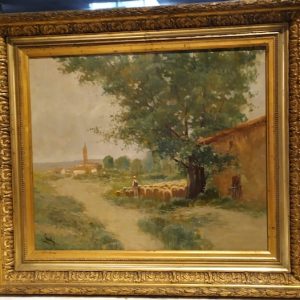 Tableau XIXème » Berger et son troupeau » Huile sur toile